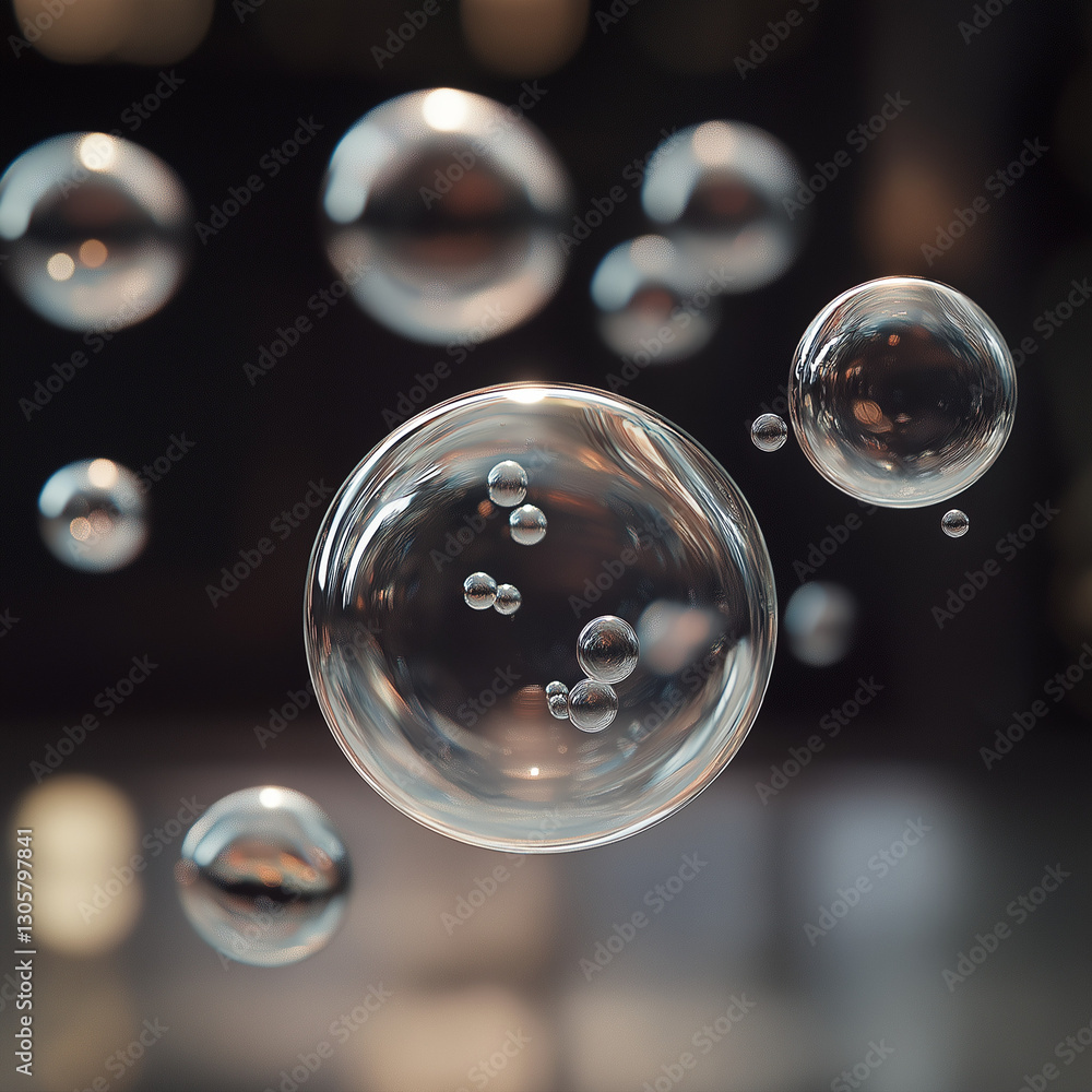 Poster ethereal floating liquid orbs: transparent spheres hovering in space, abstract background, modern