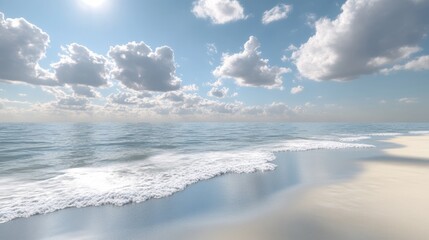 Empty beach with soft sand and calm sea under a clear sky featuring fluffy clouds