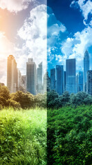 Split screen showcasing the impact of climate change, featuring dry grass transitioning into lush vegetation, with a city backdrop