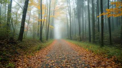Obraz premium Enchanting misty forest path with autumn leaves for serene nature design