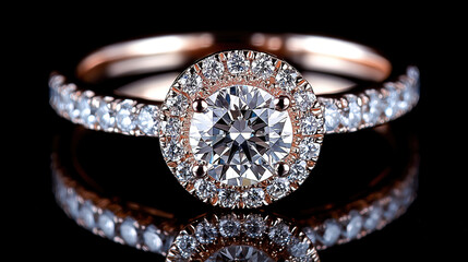 Rose gold halo ring sparkles, a perfect symbol of love's brilliance. Exquisite rose gold ring, detailed diamond halo, reflecting light in a stunning display.