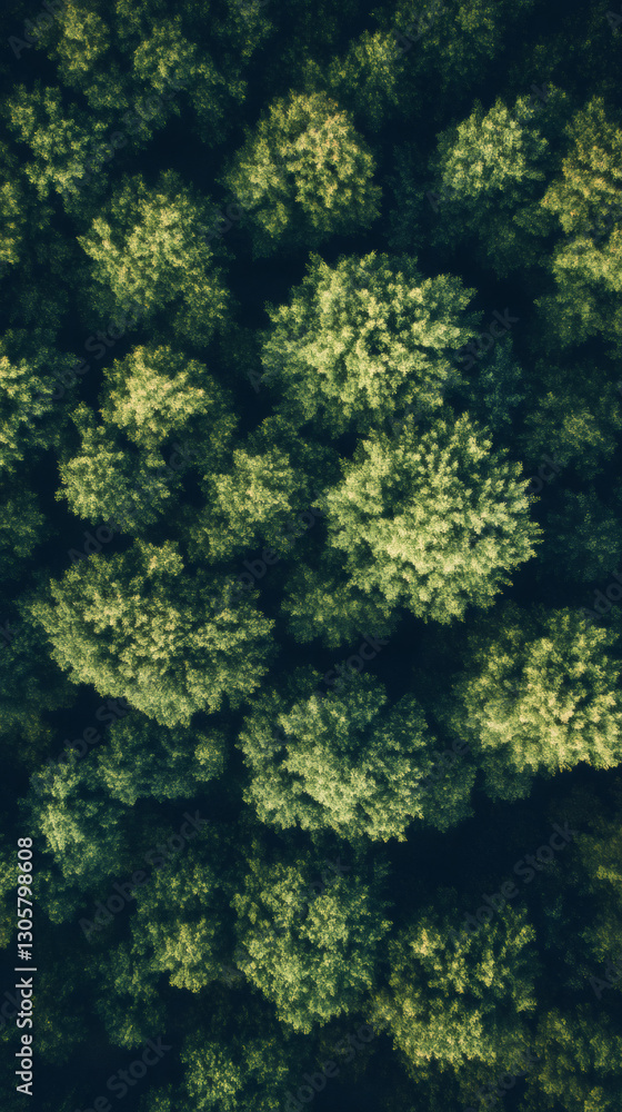 Poster Aerial view of a dense forest canopy creating a stunning natural pattern with varying shades of green