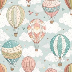 Easter Celebration in the Sky Seamless Hot Air Balloons Floating Over a Whimsical Landscape Cheerful Atmosphere Aerial Perspective