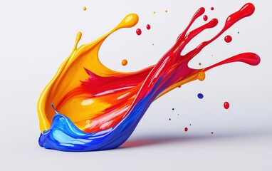 A vibrant splash of blue, red, and yellow paint against a white background.
