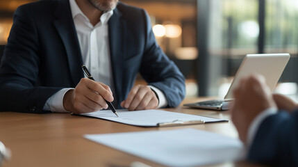 Corporate Lawyer Reviewing Contracts in Modern Meeting Room