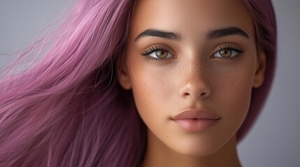 A close-up portrait of a young woman with pink hair and striking green eyes.