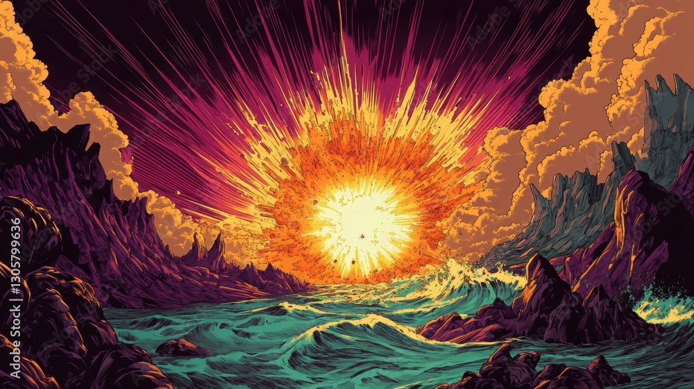 Sticker retro-futuristic backdrop with intense energy wave and cosmic gradient