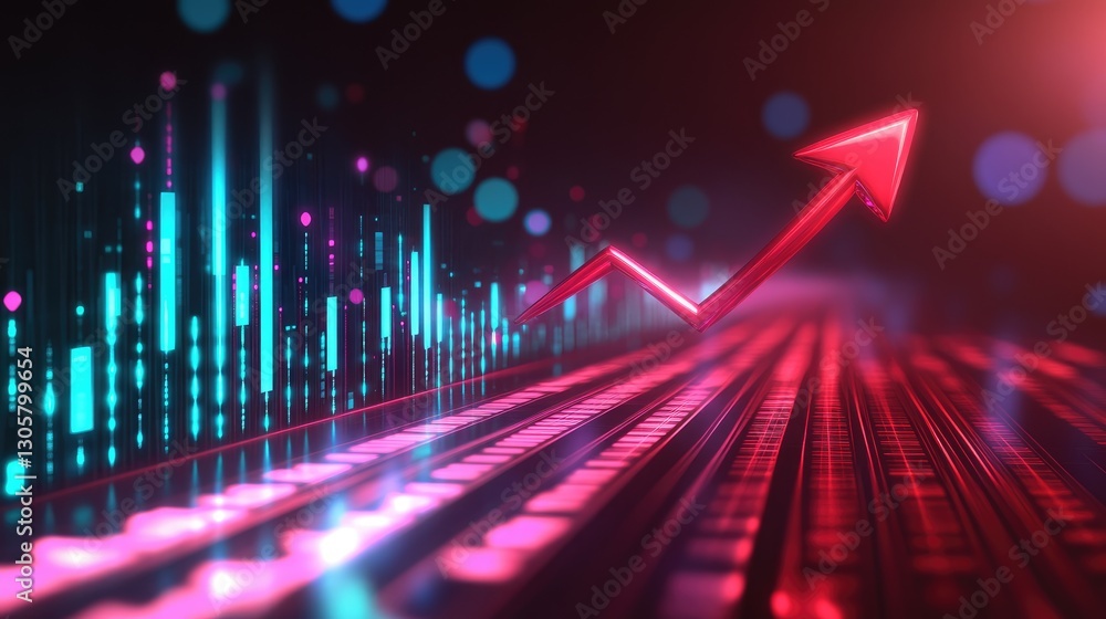 Poster abstract finance visualization with a histogram showing upward growth and a red success arrow.