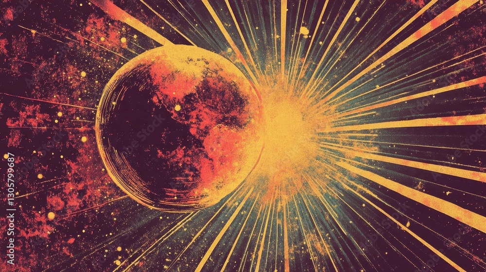 Wall mural pulp sci-fi wallpaper with glowing orb golden light and halftone texture