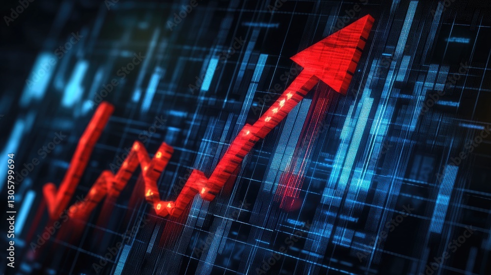 Poster abstract finance visualization with a histogram showing upward growth and a red success arrow.