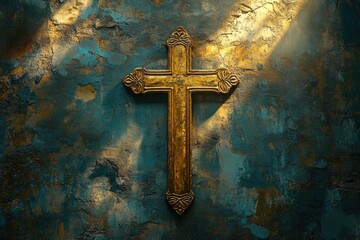 Illuminated golden cross shining on a textured wall, religious symbol with warm glow, spiritual...