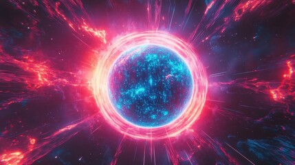 Obraz premium Sci-fi wallpaper with immense energy sphere and neon light ripples