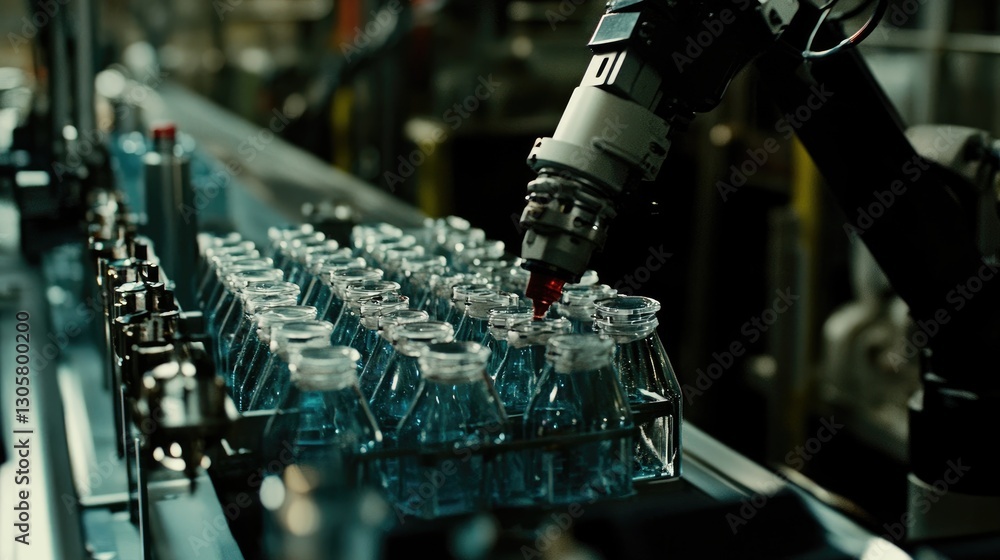 Poster automated robotic arm scanning and inspecting products on a conveyor belt.