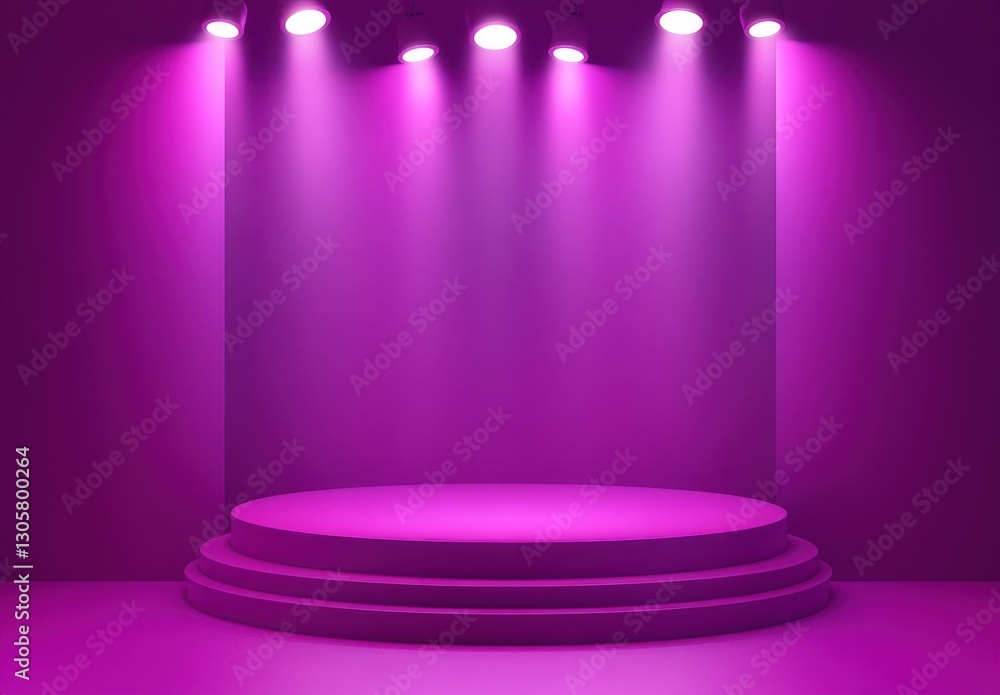Poster bright purple stage with spotlights illuminating a smooth circular platform in a modern, artistic se