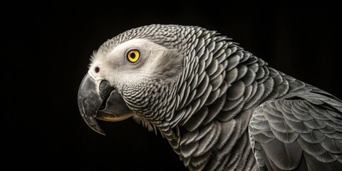 Obraz premium Tilt-Shift Parrot Portrait: Close-Up African Grey Feather Detail, Dark Background