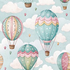 Seamless Easter Celebration with Colorful Hot Air Balloons Whimsical Sky Digital Illustration Cheerful Vibe