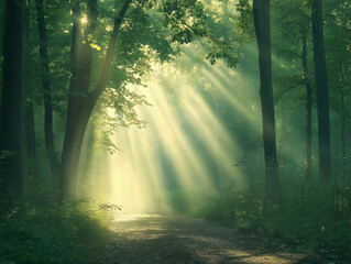 Obraz premium Misty Forest Dawn: Sunbeams Pierce Gentle Fog, Magical Woodland Scene, Serene Nature Photography eco