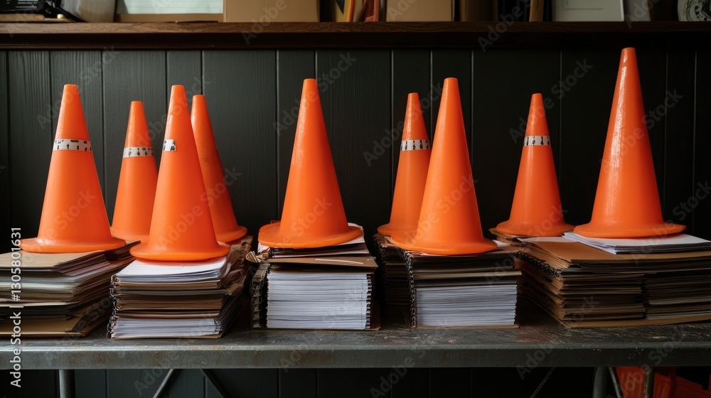 Poster checklist and documentation folders stacked on a metal table with construction cones in the backgrou
