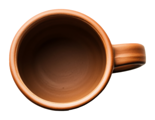 Empty brown ceramic coffee mug viewed from above on transparent background. Minimalist design concept.