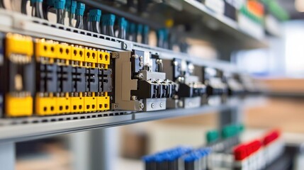 Close-up of electrical relays and terminal blocks inside an industrial control panel.