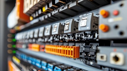 Close-up of electrical relays and terminal blocks inside an industrial control panel.