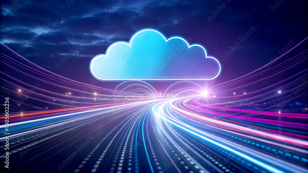 Poster cloud computing technology ai-driven concept. modern digital cloud concept with vibrant light trails