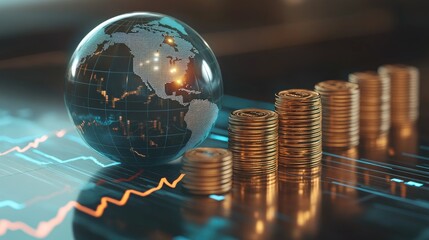 Coins arranged in ascending stacks next to a transparent blue world globe and stock market lines.