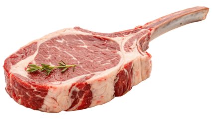 Single raw ribeye tomahawk steak isolated on white background. Suitable for marketing or business purposes. PNG file
