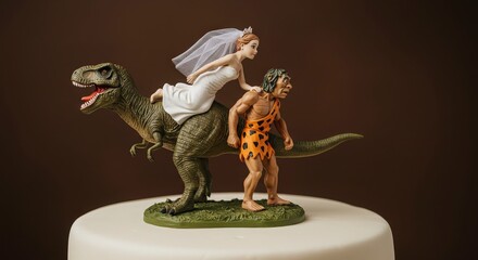 Fototapeta premium Humorous prehistoric bride riding dinosaur with caveman escort on cake, concept for wedding invitations, unconventional celebrations and themed party decorations