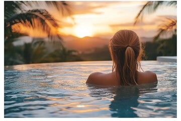 Fototapeta premium Beautiful woman gazing over the ocean at dusk