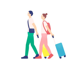 スーツケースを引いて歩く観光客。横向きに歩く旅行者のイラスト素材。
