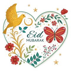 Obraz premium EID mubarak heart shape flowers leaf design floral background with butterflies isolated on white background 
