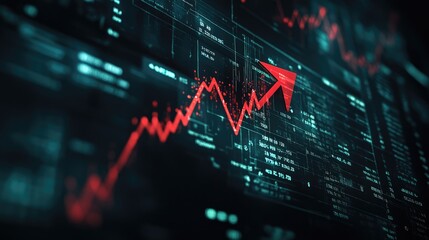 Obraz premium Corporate finance report visualized with digital analytics, a histogram, and a bold red success arrow.