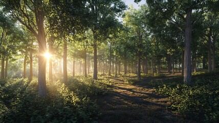 sunlight filtering through a dense forest, casting shadows on the forest floor