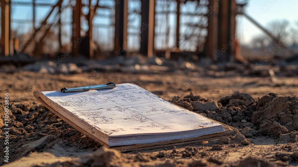 Poster daily logbook filled with site inspection notes and progress reports near a structural framework.