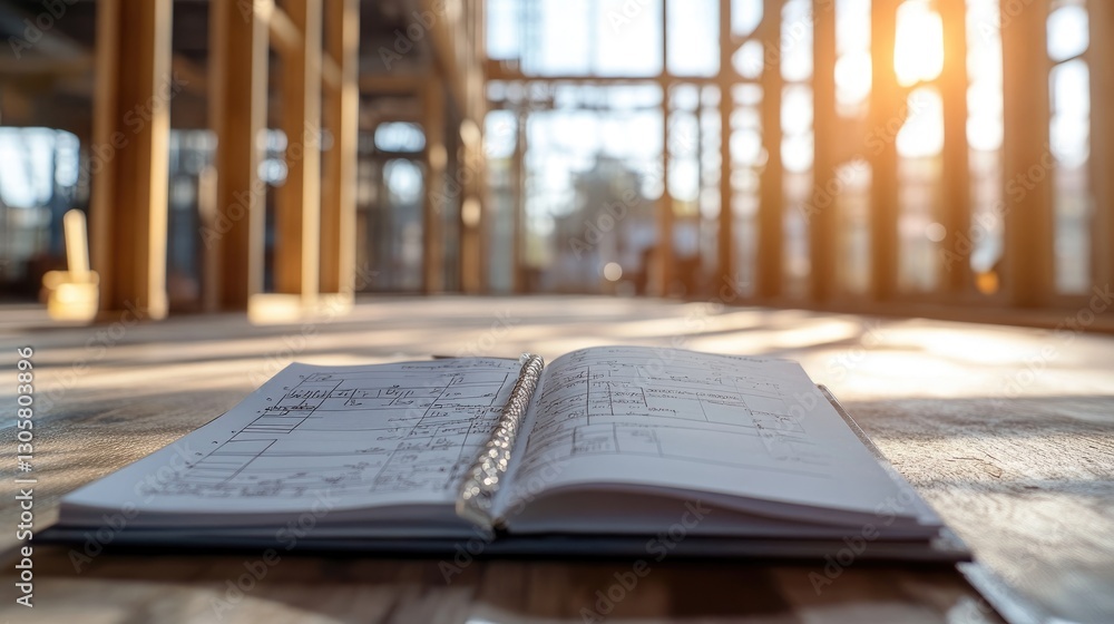 Poster daily logbook filled with site inspection notes and progress reports near a structural framework.