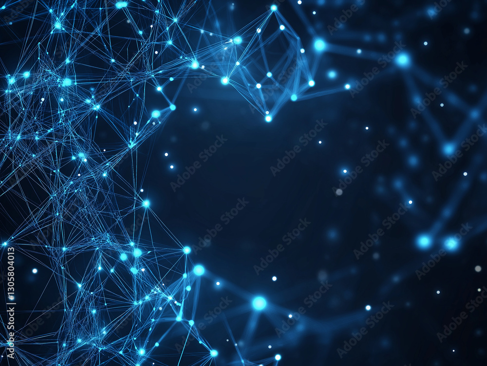 Poster glowing network connections: abstract deep blue tech background. futuristic digital data stream,