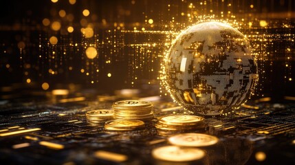 Digital banking evolution represented by a futuristic globe, blockchain transactions, and gold coins.