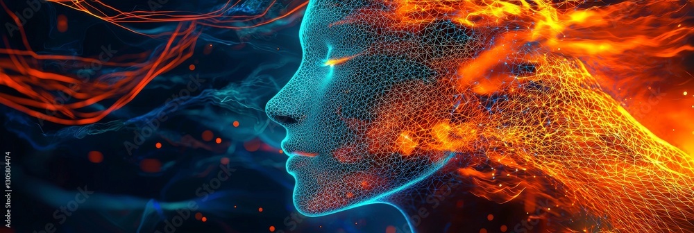 Poster dynamic profile of digital face with fiery extensions