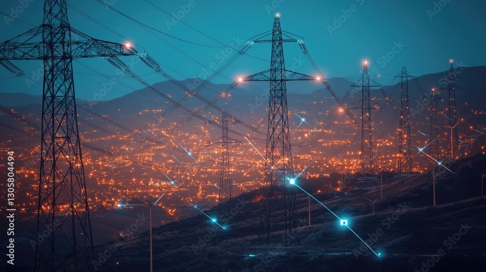 Poster digital representation of a smart grid optimizing clean energy use for a sustainable future and redu