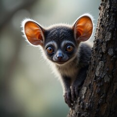 Adorable Baby Lesser Bushbaby Perched on Tree Trunk Wildlife Close Up