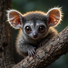 Fototapeta premium Adorable Baby Galago Primate on Branch Large Ears Cute Wildlife