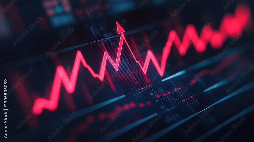 Poster economic performance analysis with a professional financial histogram and a sharp red arrow trending