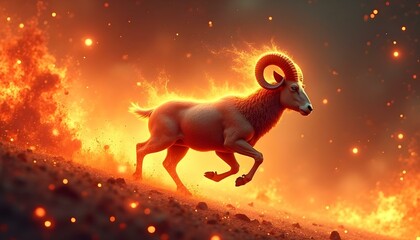 Create a dynamic and intense image where the Aries symbol (ram) is charging across a glowing sky bridge made of molten lava, suspended between two volcanic peaks. Astrological symbols flicker in the a