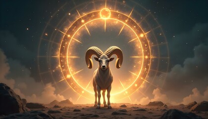 Create a dynamic and intense image where the Aries symbol (ram) is charging across a glowing sky bridge made of molten lava, suspended between two volcanic peaks. Astrological symbols flicker in the a