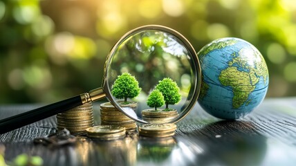 magnifying glass focusing on coins and eco symbols, representing sustainable investing and growth