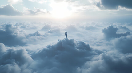 Reflective figure atop endless cloudscape serene and surreal soft moody lighting muted blues and grays ultra-detailed cinematic realism high resolution dreamy solitude. Surreal - Desert. Illustration