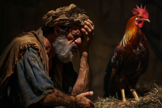 Peter and the Rooster as he realizes his mistake and repents after denying Jesus three times on Good Friday