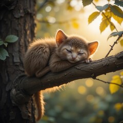 Adorable Ginger Kitten Sleeping Peacefully on a Tree Branch in Golden Sunlight