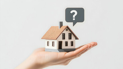 A hand holds a miniature house with a speech bubble featuring a question mark, symbolizing inquiries about home ownership or real estate.